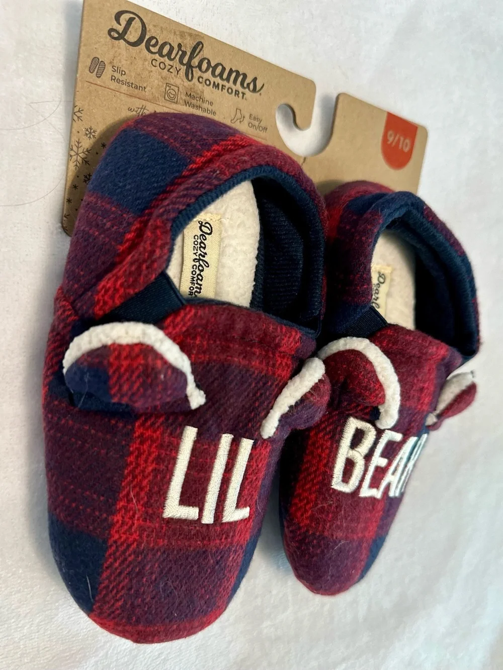 NWT Dearfoams Red and Navy Plaid 'LIL BEAR' Slippers for kids